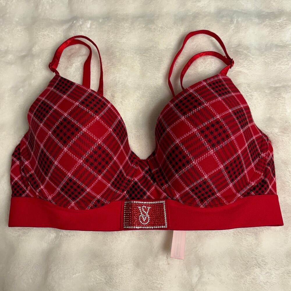 Victoria's Secret Shine Patch Wireless Bra Red Plaid 32D